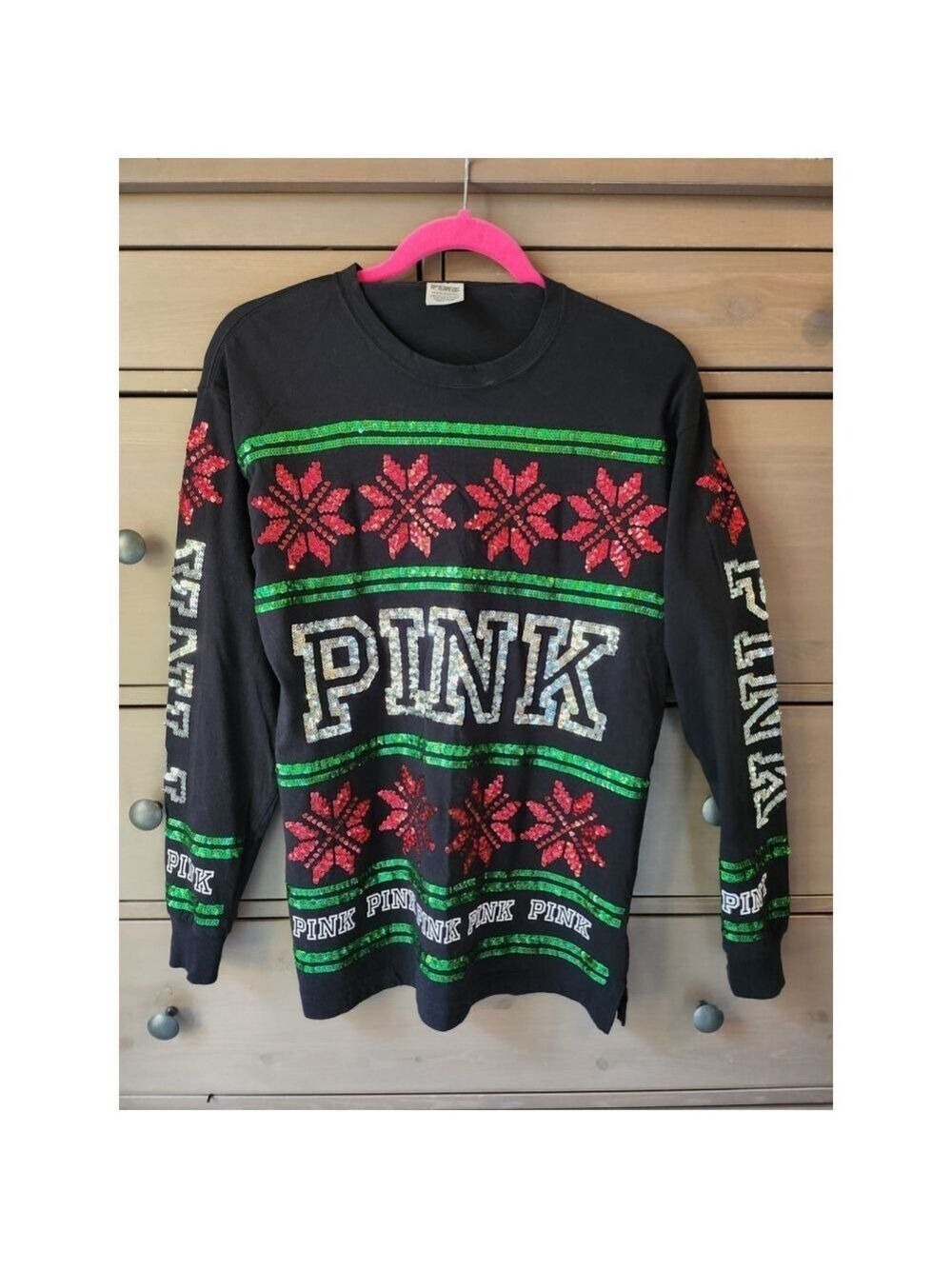 Pink by Victoria Secret Christmas Long-sleeved Tee Size XS Bringing the Sparkle